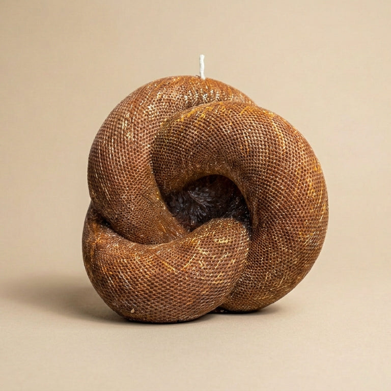 Textured knot-shaped candle on a beige background