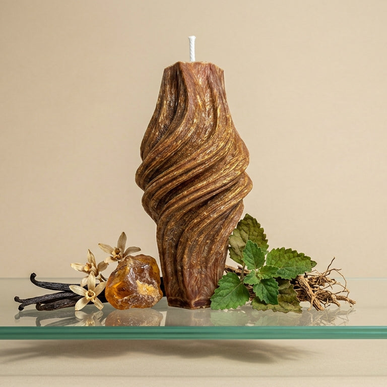 Decorative candle shaped like a tree stump on a glass shelf with vanilla beans and mint leaves.