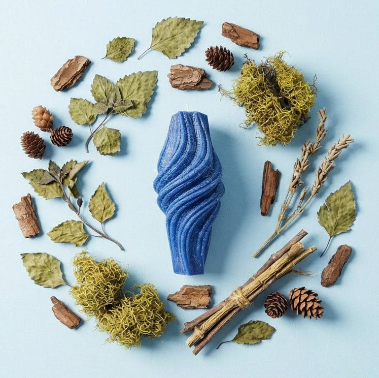 Blue candle surrounded by dried leaves, herbs, and pine cones on a light blue background