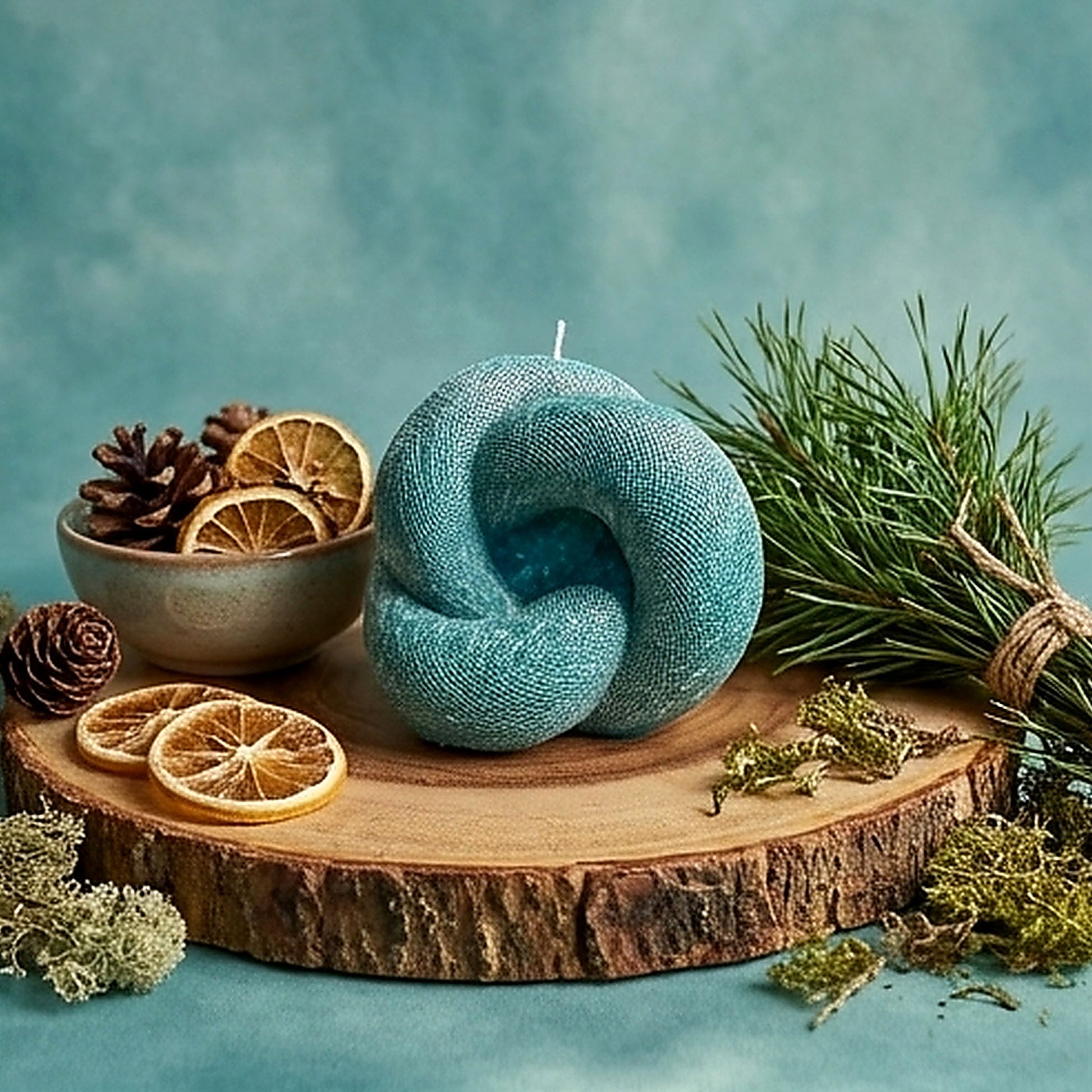 Blue knitted candle on a wooden surface with dried oranges, pine cones, and greenery against a teal background.
